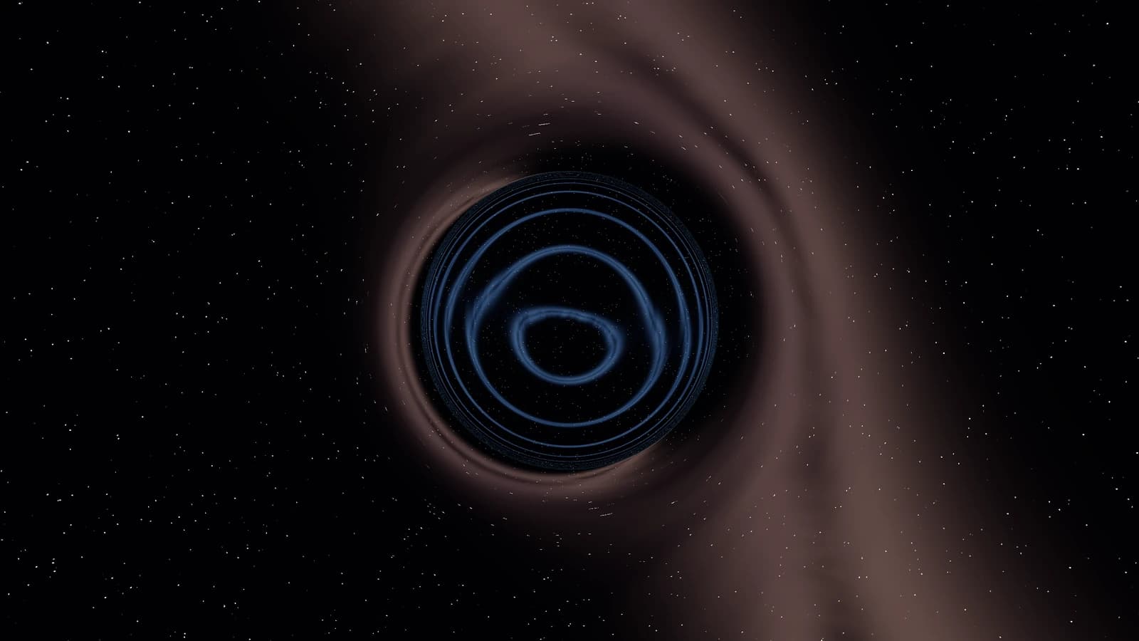 Ray-traced Dneg wormhole on approach: concentric blue rings of lensed light inside a dark throat, surrounded by a warm brown haze and starfield.