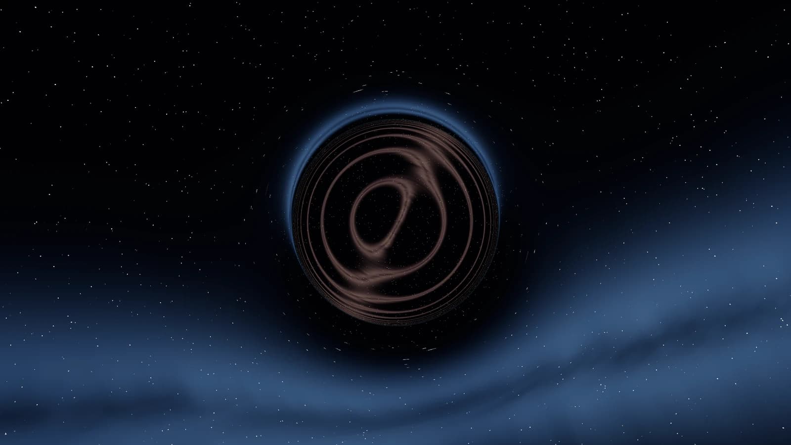 Ray-traced Dneg wormhole: a dark spherical throat rimmed in blue light, showing warm dust lanes from the far side, set against a deep blue nebula and dense starfield.